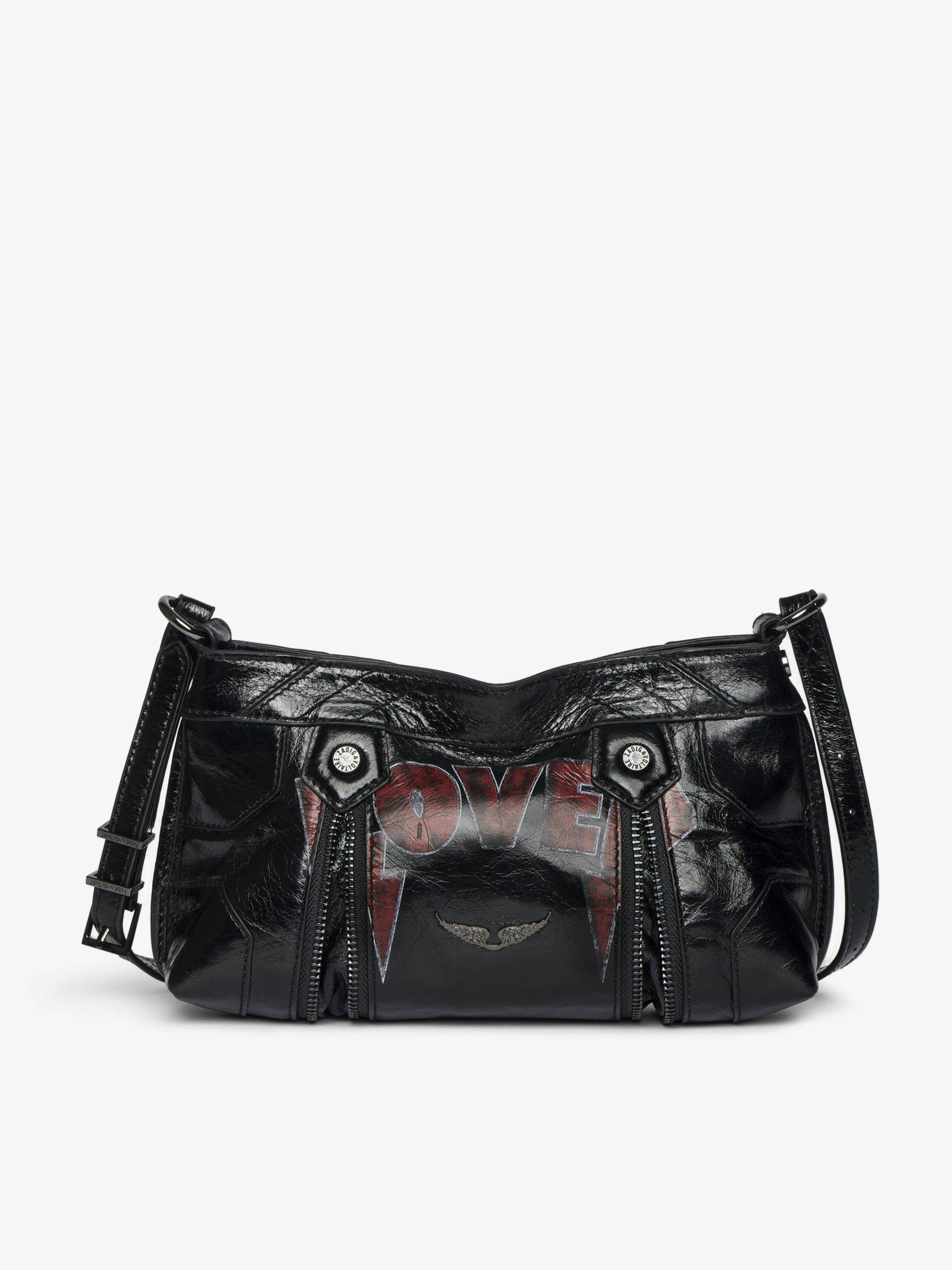Sunny Mood Punk Bag - Small vintage-inspired patent leather bag with adjustable shoulder strap and punk wings and tag signature.